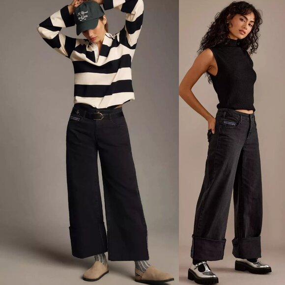 Anthropologie Denim - new The Sport Cuff Mid-Rise Crop Wide-Leg Jeans by Pilcro size 29 black nwt